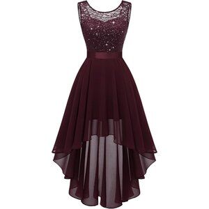 BeryLove Women Burgundy Sequin Chiffon Scoop Neck Sleeveless Lace Cocktail Dress